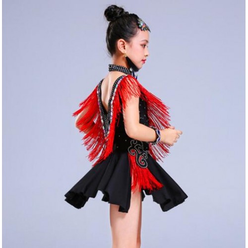 Kids fringes latin dresses competition girls diamond stage performance professional salsa rumba chacha dance dresses